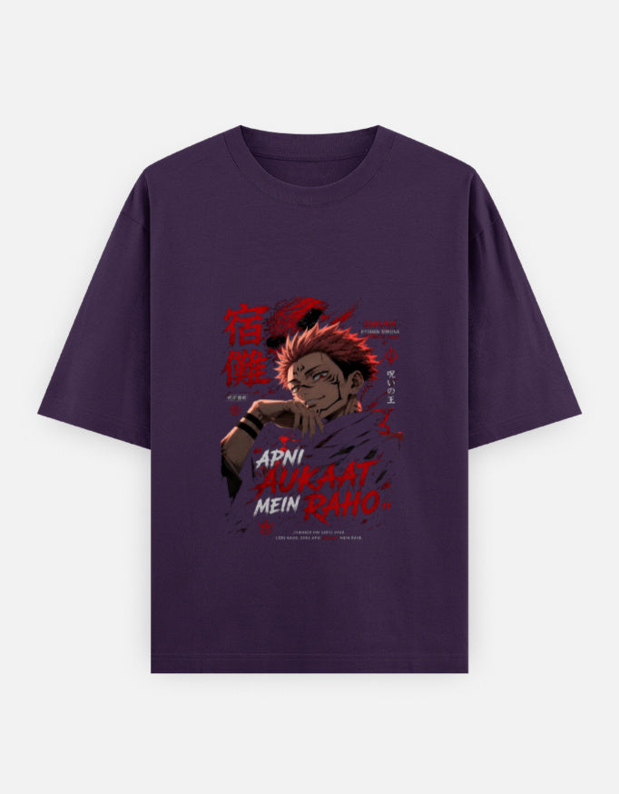 A dark purple short-sleeve t-shirt with a graphic print of the anime character sukuna from Jujutsu Kaisen on the front, displayed against a light gray background.