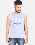 A man wearing a sleeveless light lavender-gray tank top with the text 'Only Gains' printed on the chest in blue and black, paired with blue jeans, against a light gray background.