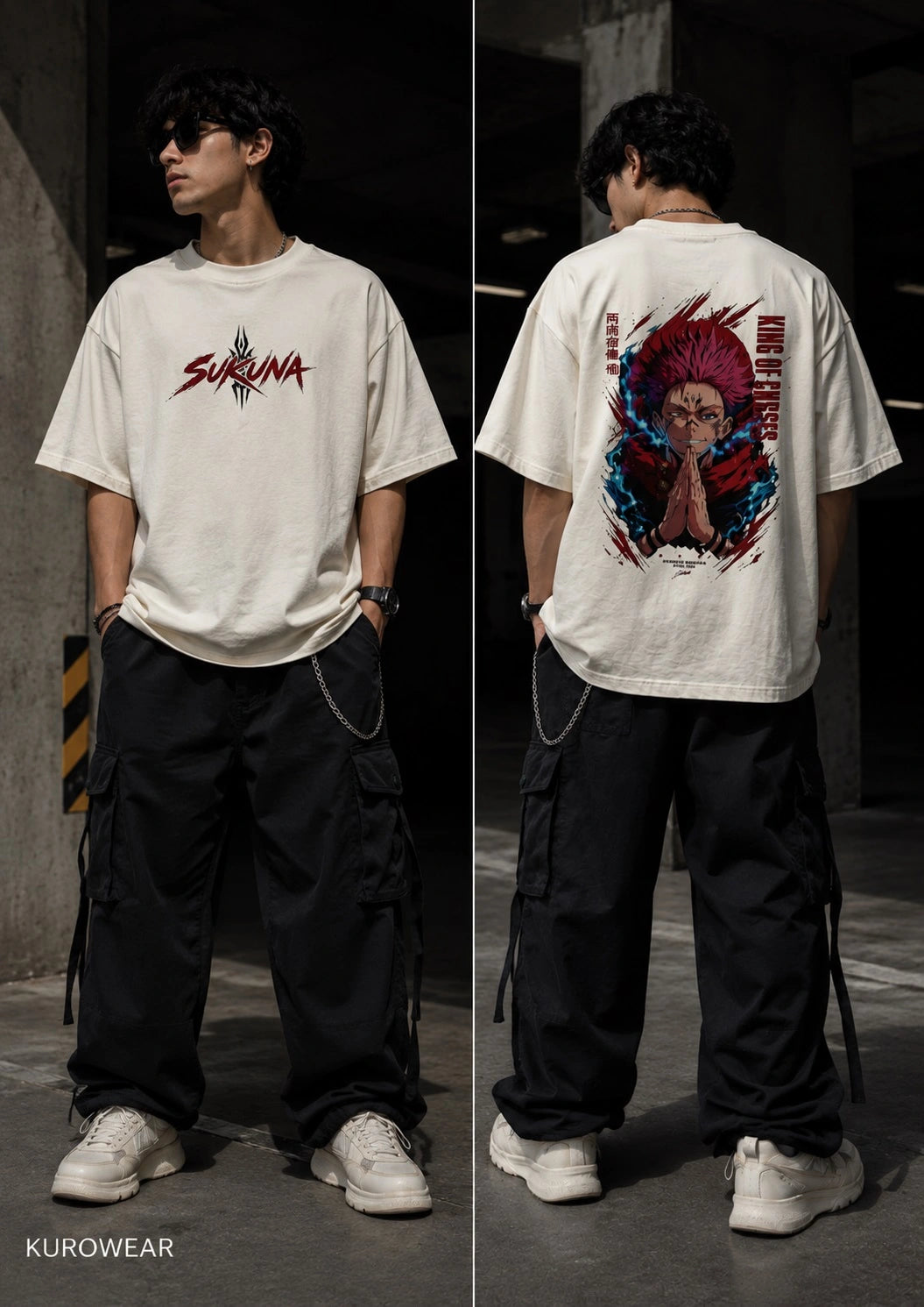 A model shown in a split front-and-back view wearing an off-white graphic t-shirt, black cargo pants, and white sneakers in a dark industrial setting. The front features a red and black 'SUKUNA' logo, and the back features a large colorful anime-style character graphic with red hair and blue accents.