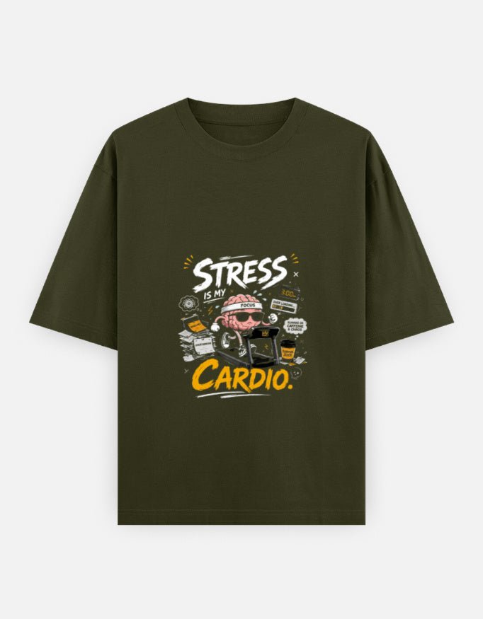 A olive green short-sleeve t-shirt with a distressed graphic on the front featuring the text 'STRESS IS MY CARDIO' and a pair of headphones, displayed against a light gray background.