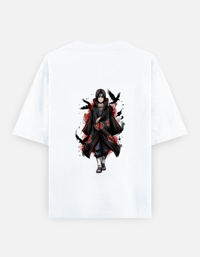 A white short-sleeve t-shirt with a graphic print of the anime character Itachi Uchiha in a black and red Akatsuki cloak, shown against a light gray background.