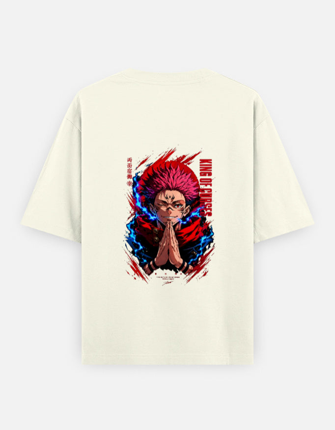 An off-white short-sleeve t-shirt with a large graphic print of the anime character Guts from Attack on Titan on the front, displayed against a light gray background.