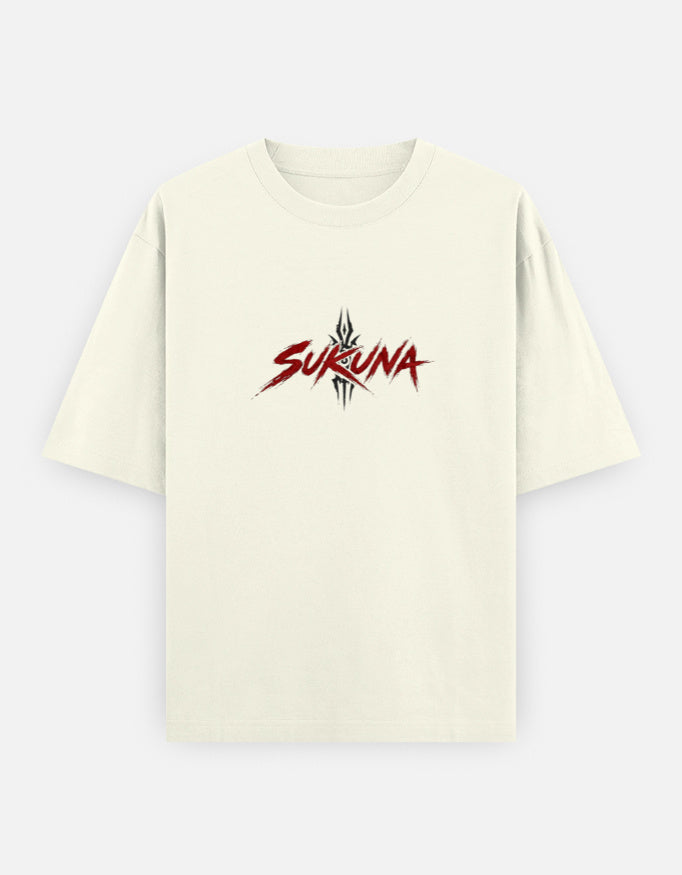 An off-white short-sleeve t-shirt with a stylized red and black 'SUKUNA' logo printed on the chest, displayed against a light gray background.