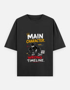 Black t-shirt with graphic design and text on a white background