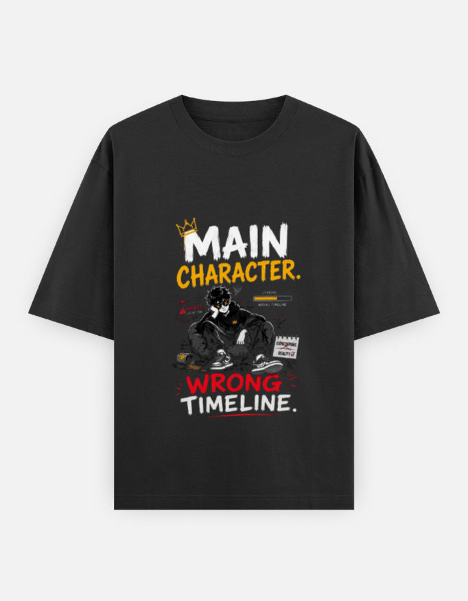 Black t-shirt with graphic design and text on a white background