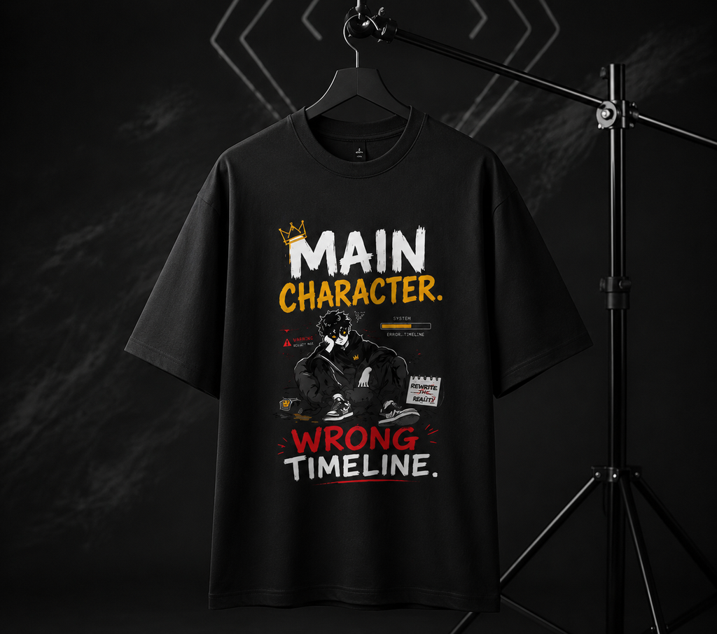 Black t-shirt with graphic design and text on a dark background