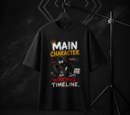 Black t-shirt with graphic design and text on a dark background