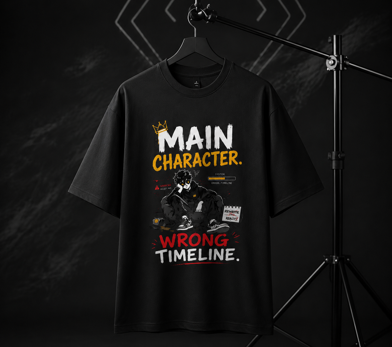 Black t-shirt with graphic design and text on a dark background