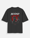 Black t-shirt with 'Beyond Limits' graphic design on a white background
