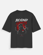 Black t-shirt with 'Beyond Limits' graphic design on a white background