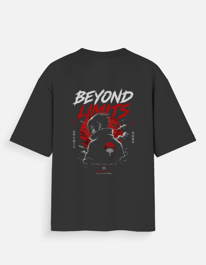 Black t-shirt with 'Beyond Limits' graphic design on a white background