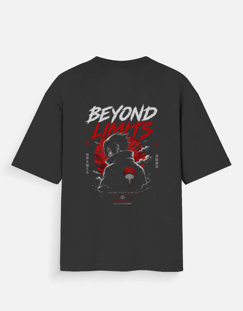 Black t-shirt with 'Beyond Limits' graphic design on a white background