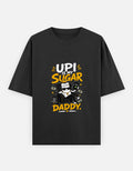 Black t-shirt with a graphic design and text on a white background