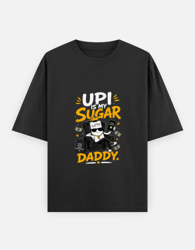 Black t-shirt with a graphic design and text on a white background