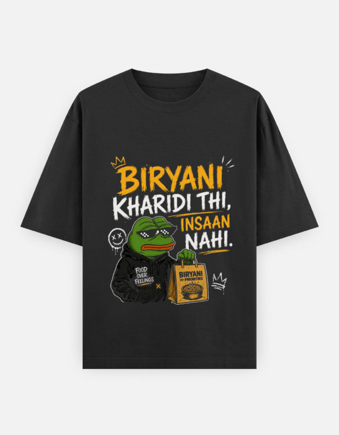 Black t-shirt with a graphic design featuring text and a character holding a bag of 'Biryani'.