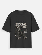 Black t-shirt with a graphic of a person in a suit on a white background