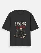 Black t-shirt with a skeleton graphic and 'Living on Luck' text on a white background