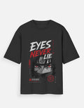 Black t-shirt with graphic design and text 'EYES NEVER LIE' on a white background