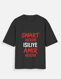 Black t-shirt with red and white text on a white background