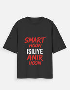 Black t-shirt with red and white text on a white background