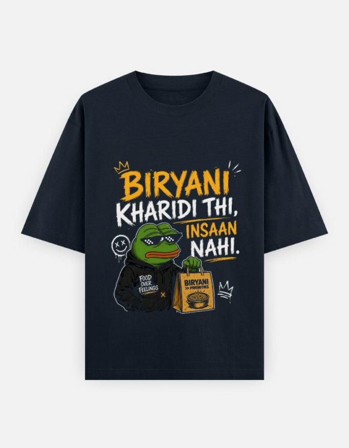 Dark Blue t-shirt with a graphic design featuring a character and text on a white background 