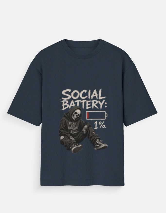 Dark Blue t-shirt with a graphic of a person in a suit on a white background