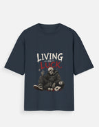 Dark Blue t-shirt with a skeleton graphic and 'Living on Luck' text on a white background
