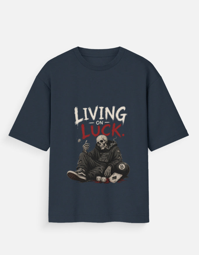 Dark Blue t-shirt with a skeleton graphic and 'Living on Luck' text on a white background