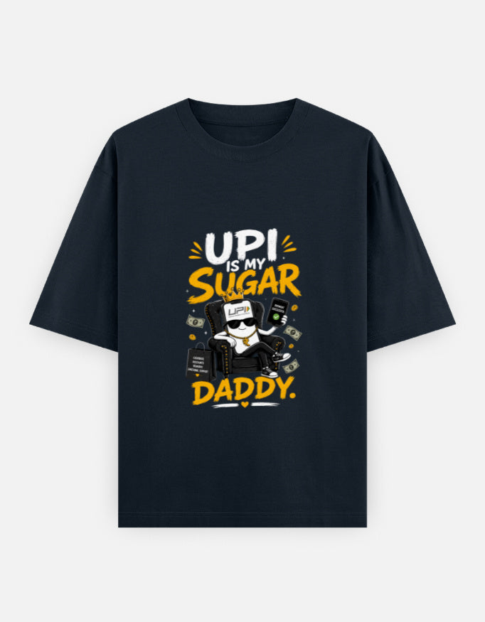 Dark Blue t-shirt with yellow and white graphic design on a white background