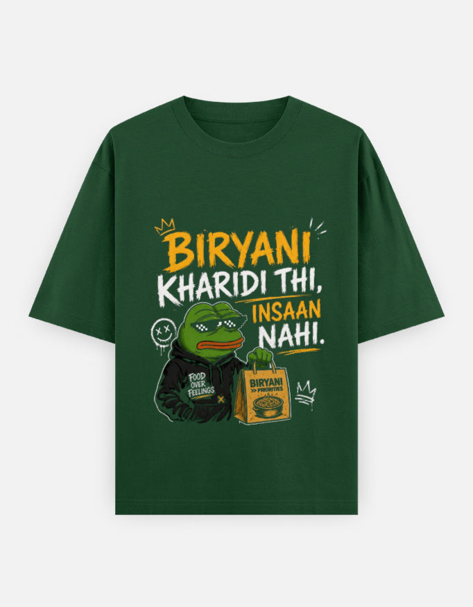 Dark Green t-shirt with a graphic design featuring a character and text on a white background