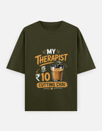 Olive Green t-shirt with a humorous graphic and text on a white background