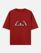 Red t-shirt with graphic design on a white background