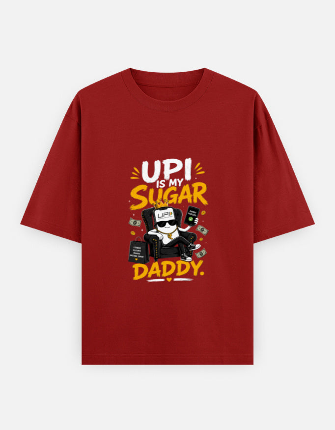 Red t-shirt with graphic design and text on a white background