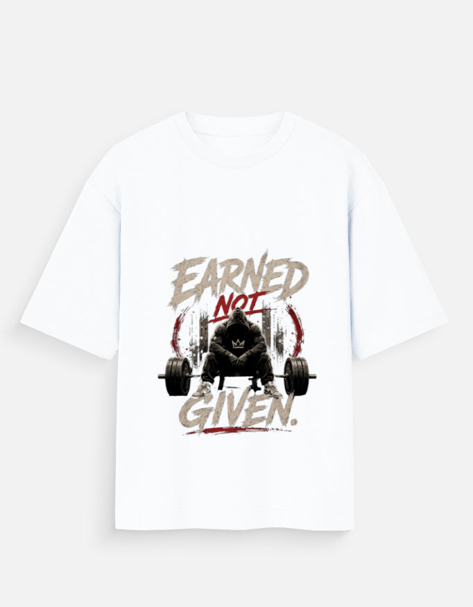 White t-shirt with graphic design and text 'Earned Not Given' on a white background