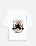 White t-shirt with graphic design and text 'Earned Not Given' on a white background
