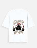 White t-shirt with graphic design and text 'Earned Not Given' on a white background