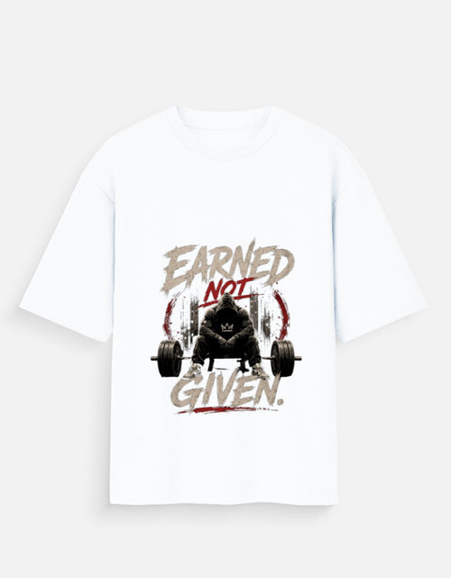 White t-shirt with graphic design and text 'Earned Not Given' on a white background