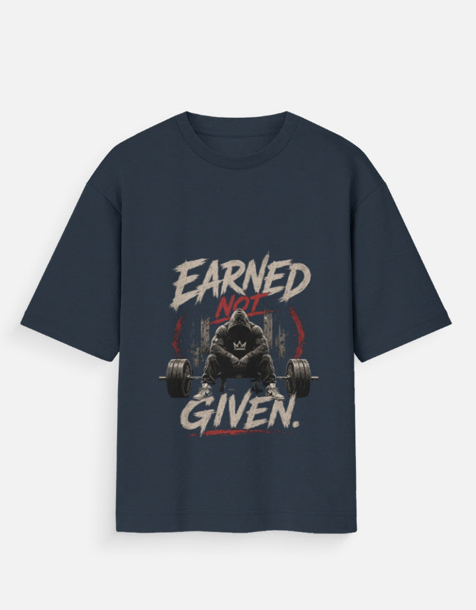 Navy blue t-shirt with bear lifting weights graphic and text 'Earned Not Given' on a white background