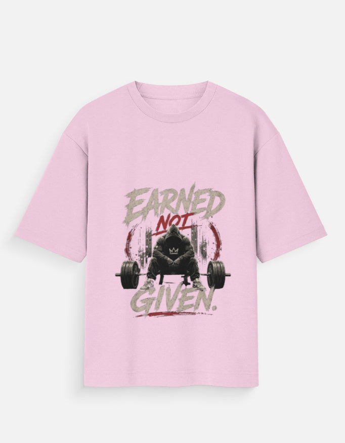 Pink t-shirt with graphic design and text on a white background