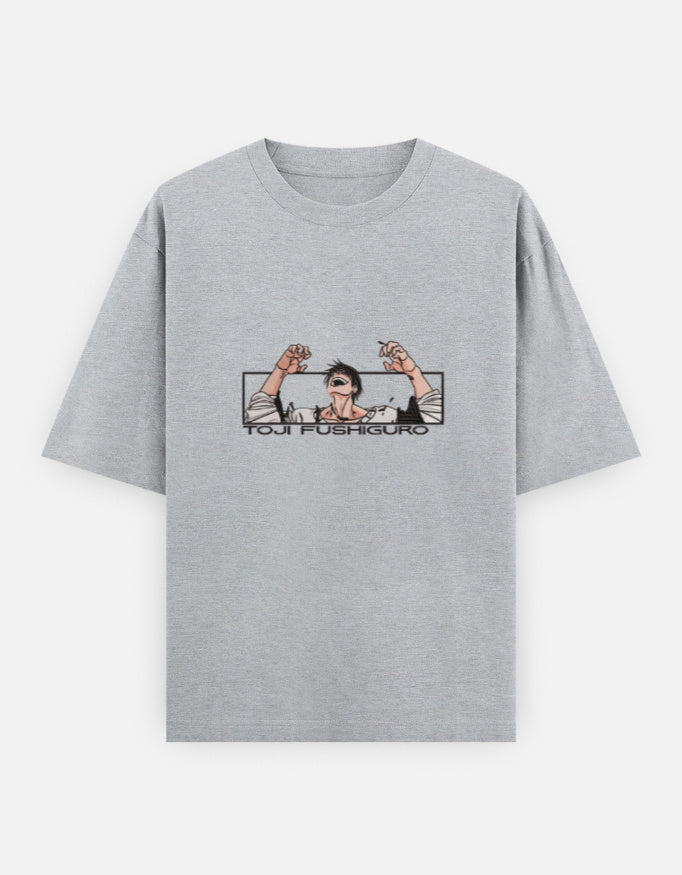 Gray t-shirt with graphic design on a white background