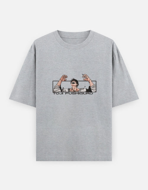 Gray t-shirt with graphic design on a white background