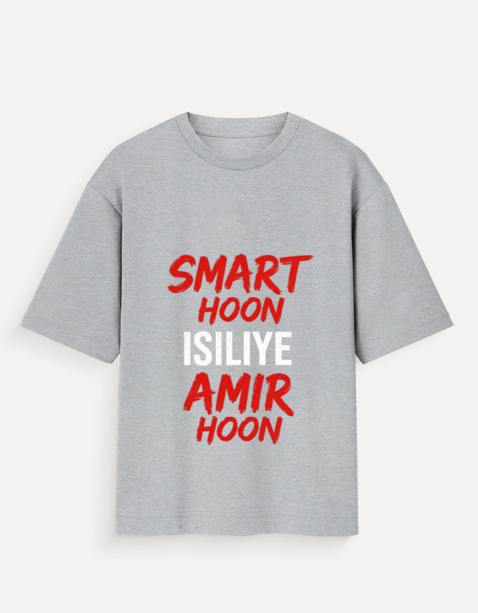 Gray t-shirt with red and white text on a light gray background