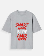 Gray t-shirt with red and white text on a light gray background