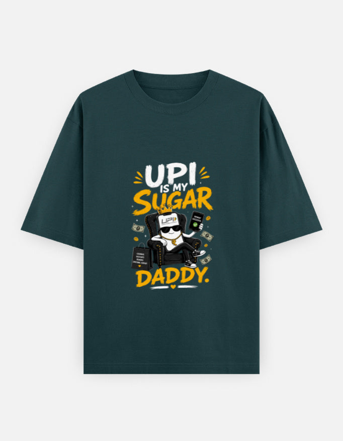 Green teal t-shirt with a graphic design and text on a white background