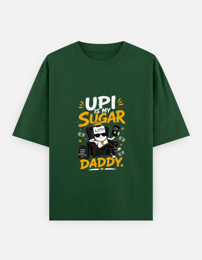 Green t-shirt with a graphic design and text on a white background