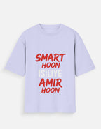 Light purple t-shirt with red and white text on a light gray background