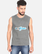 Man wearing a dark gray sleeveless shirt with 'Only Gains' text on a white background
