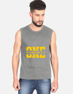 Man wearing a dark gray sleeveless shirt with yellow text on a white background