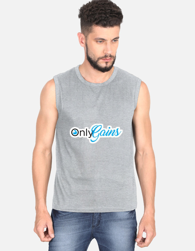 Man wearing a gray sleeveless shirt with 'only gains' logo on a white background