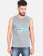 Man wearing a gray sleeveless shirt with 'only gains' logo on a white background